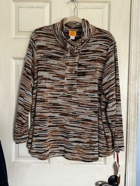 NWT Ruby Rd. Coffee multi textured snap button turtleneck top SIZE 1X